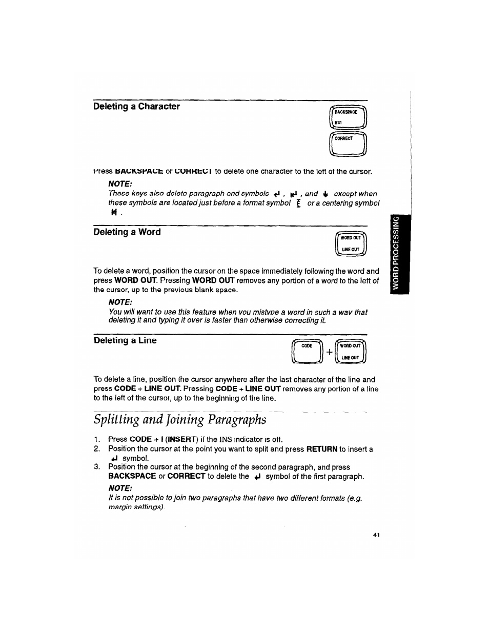 Deleting a character, Deleting a word, Note | Deleting a line, Splitting and joining paragraphs | Brother WP330MDS User Manual | Page 51 / 322