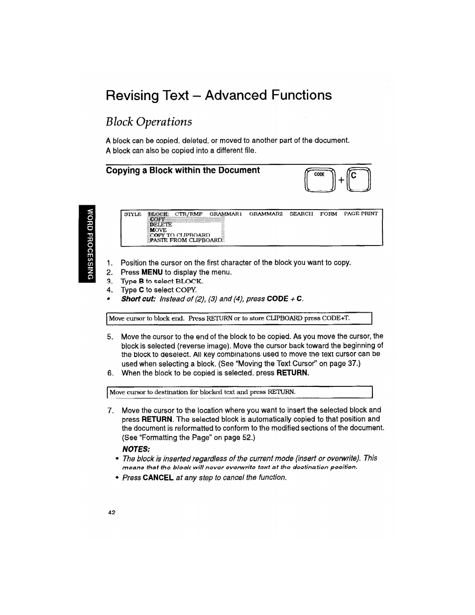 Revising text - advanced functions, Block operations, Copying a block within the document | Notes, Copying a rlnnk within thn dncnment | Brother WP330MDS User Manual | Page 52 / 322