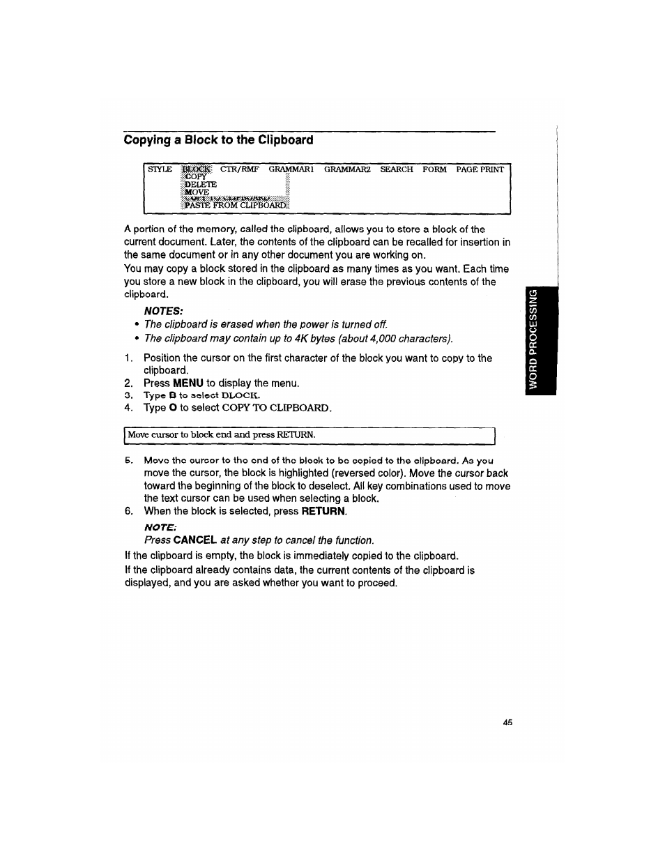 Copying a block to the clipboard, Notes, Note | Copying a block to, Tfre, Clipboard | Brother WP330MDS User Manual | Page 55 / 322