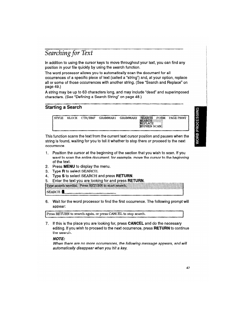 Searching for text, Starting a search, Note | Brother WP330MDS User Manual | Page 57 / 322