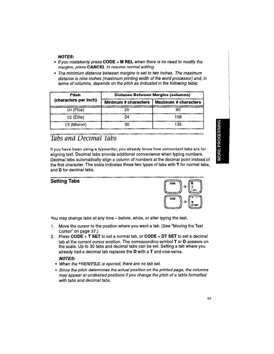 Tabs and decimal tabs, Setting tabs, Notes | Brother WP330MDS User Manual | Page 63 / 322