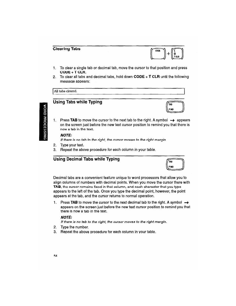 Using tabs while typing, Note, Using decimal tabs while typing | Brother WP330MDS User Manual | Page 64 / 322