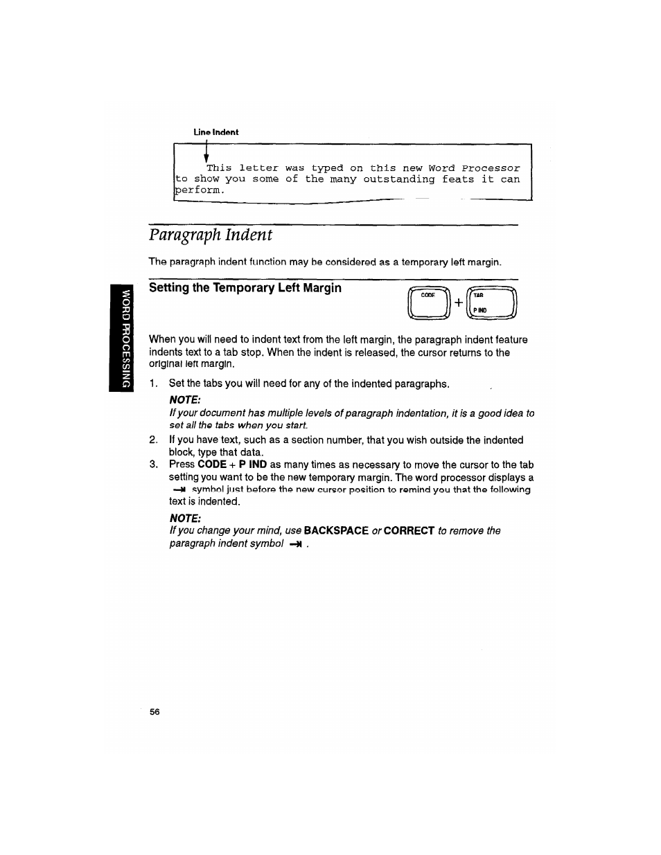 Paragraph indent, Setting the temporary left margin, Note | Brother WP330MDS User Manual | Page 66 / 322