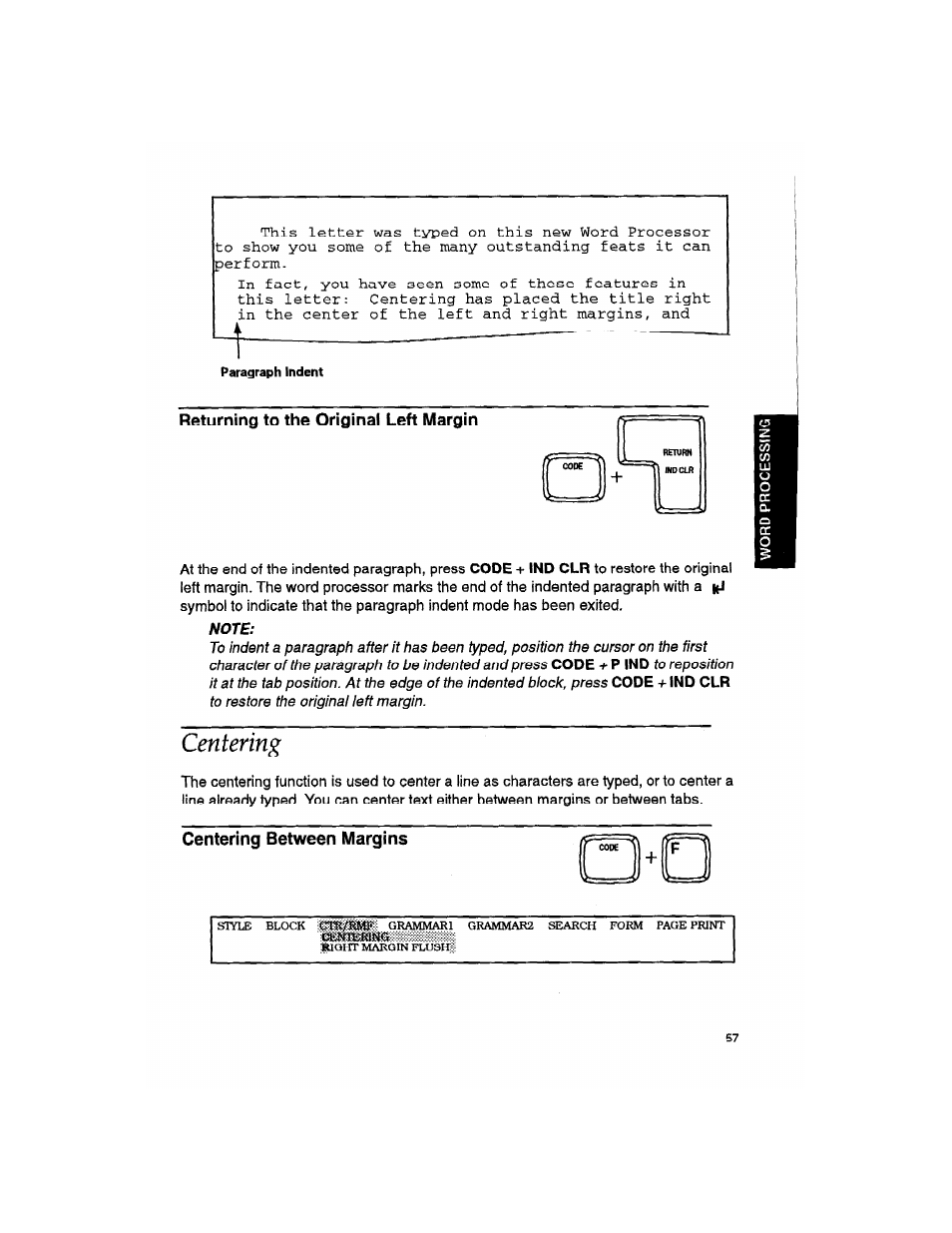 Returning to the original left margin, Note, Centering | Centering between margins, Returning to the unginal lett margin | Brother WP330MDS User Manual | Page 67 / 322