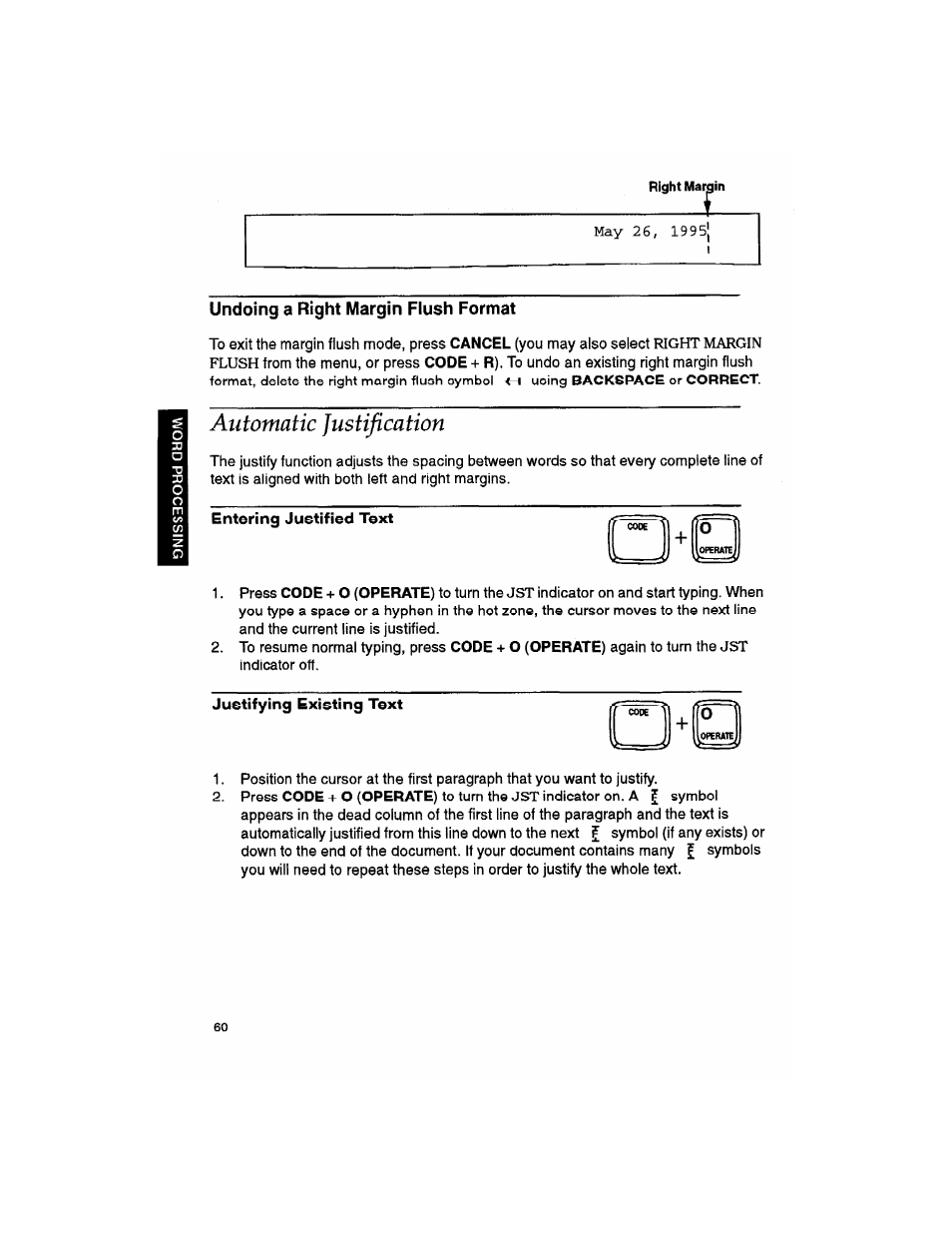 Undoing a right margin flush format, Automatic justification | Brother WP330MDS User Manual | Page 70 / 322