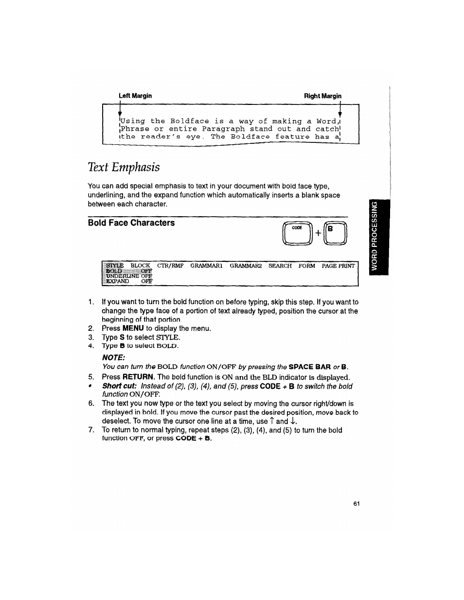 Text emphasis, Bold face characters | Brother WP330MDS User Manual | Page 71 / 322