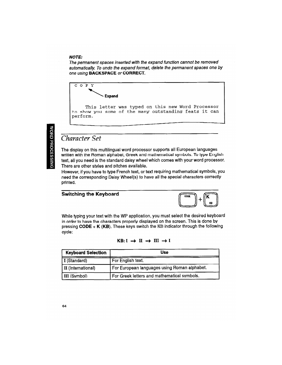 Character set, Switching the keyboard | Brother WP330MDS User Manual | Page 74 / 322