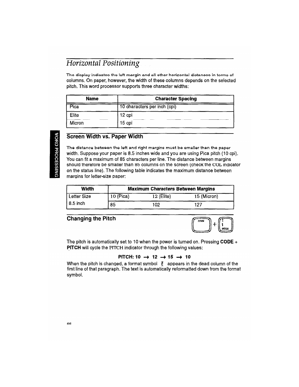 Horizontal positioning, Screen width vs. paper width, Changing the pitch | Changing ihe pitch | Brother WP330MDS User Manual | Page 76 / 322