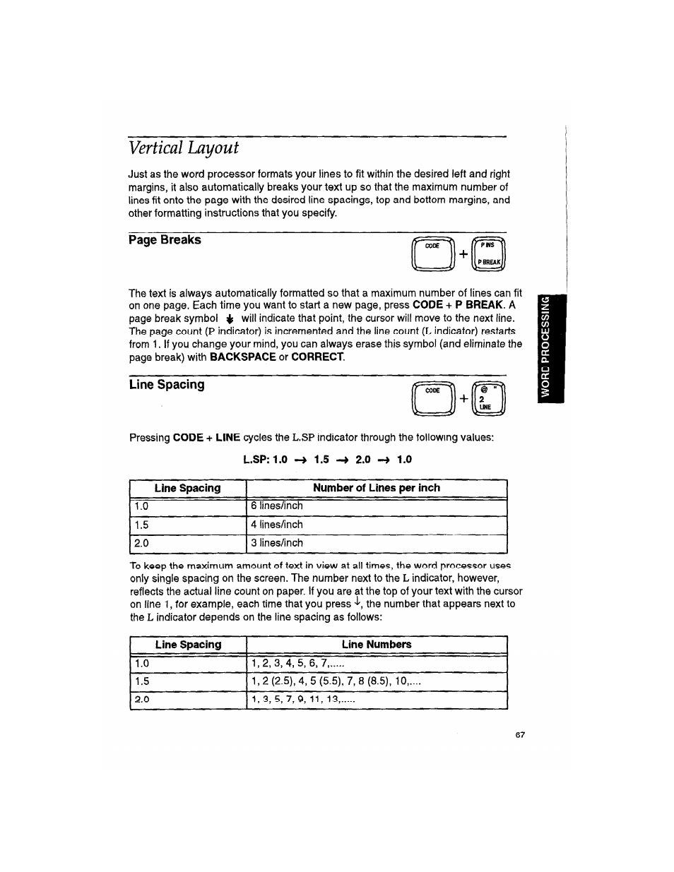 Vertical layout, Line spacing, Page breaks | Brother WP330MDS User Manual | Page 77 / 322