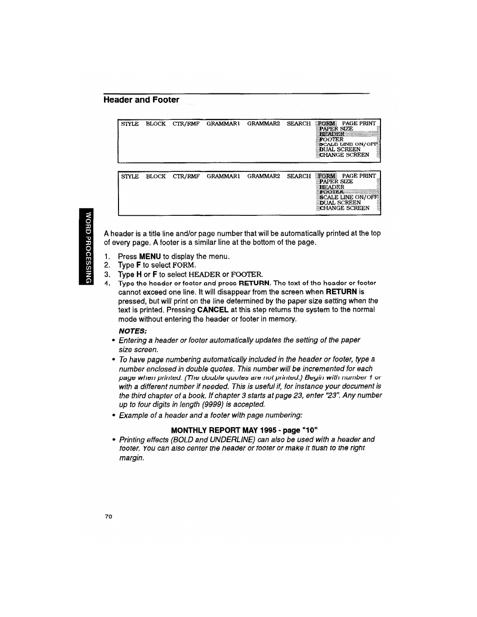 Header and footer, Notes | Brother WP330MDS User Manual | Page 80 / 322