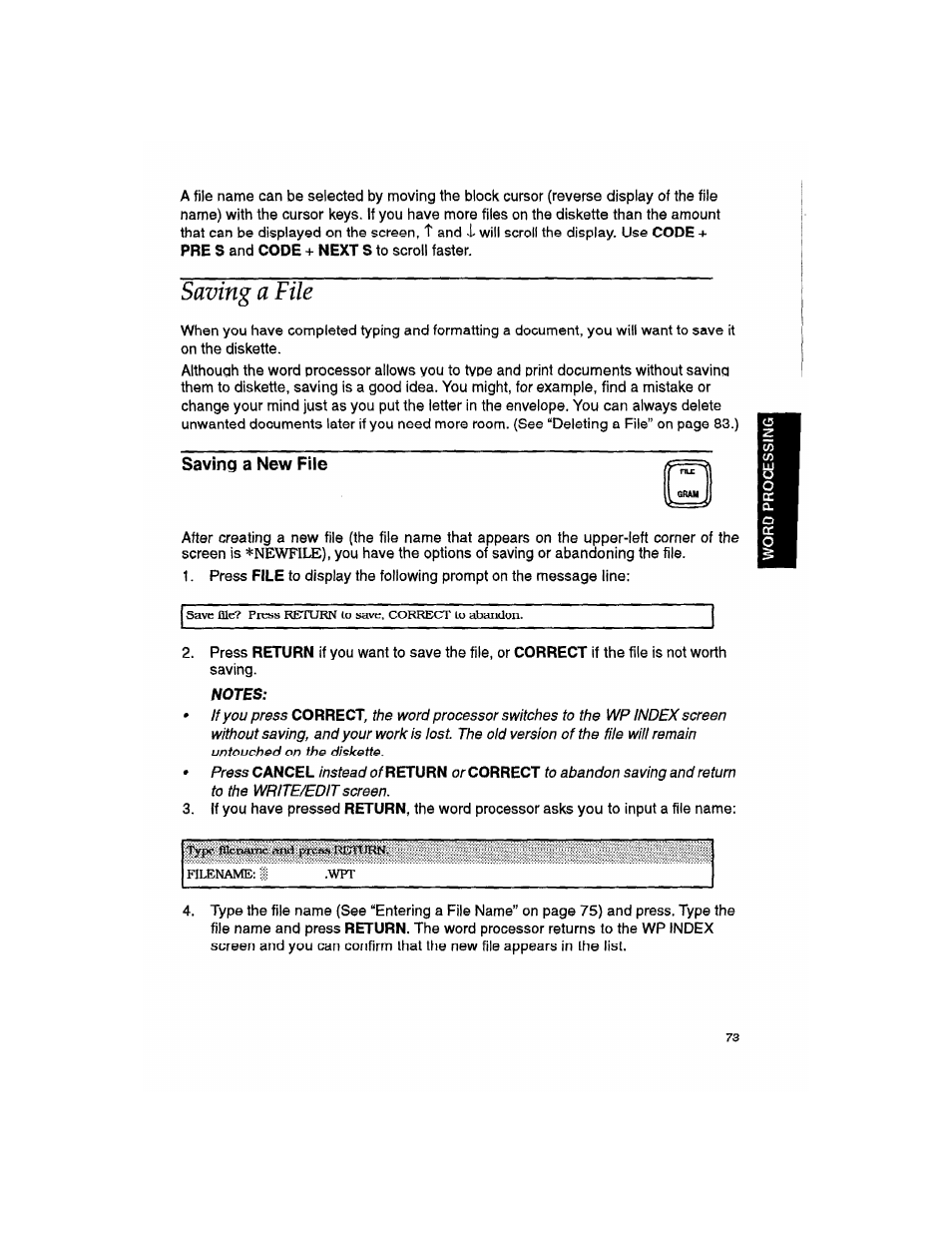 Saving a file, Saving a new file, Notes | Saving a new fife | Brother WP330MDS User Manual | Page 83 / 322