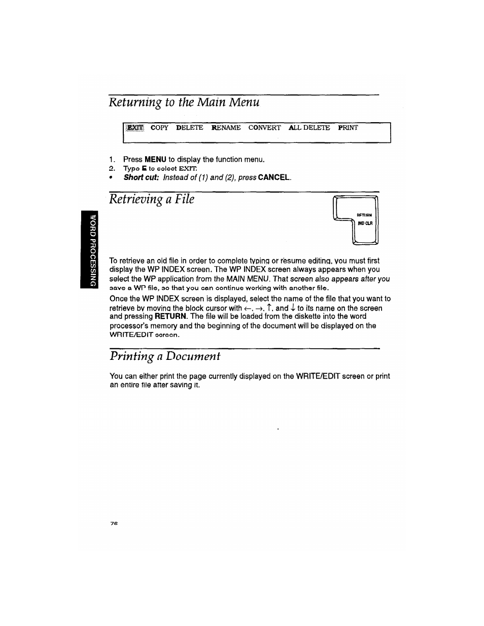 Returning to the main menu, Retrieving a file, Printing a document | Brother WP330MDS User Manual | Page 86 / 322