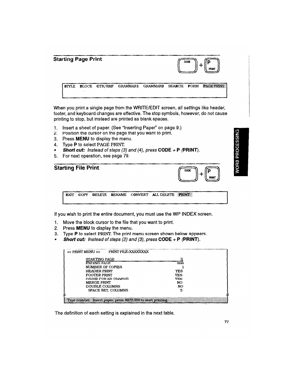 Starting file print, Starting page print | Brother WP330MDS User Manual | Page 87 / 322