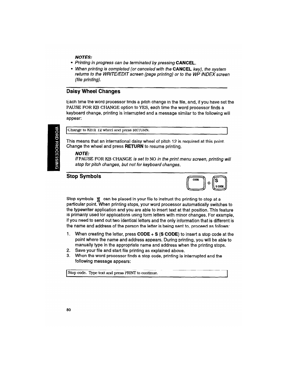 Notes, Daisy wheel changes, Note | Stop symbols | Brother WP330MDS User Manual | Page 90 / 322