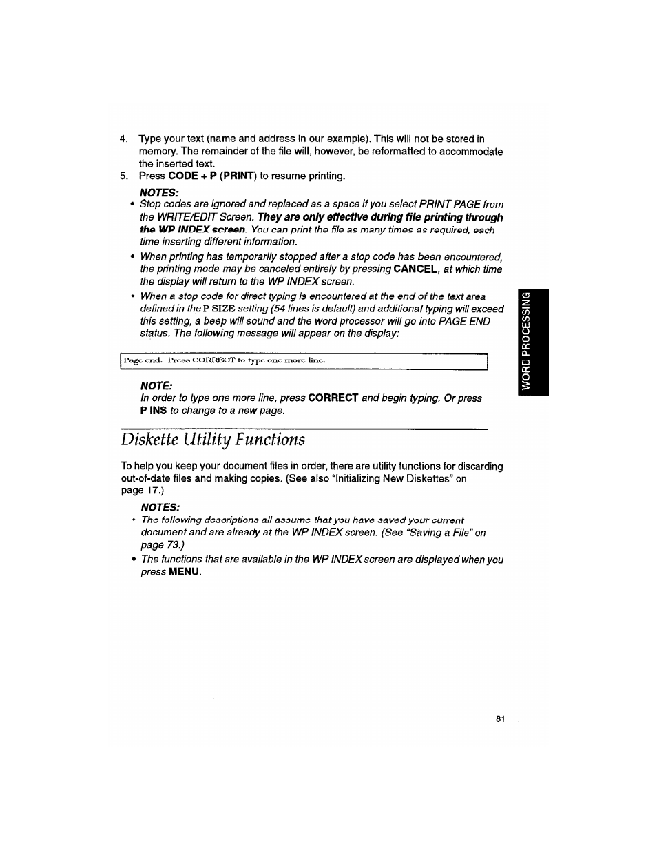 Notes, Note, Diskette utility functions | Brother WP330MDS User Manual | Page 91 / 322