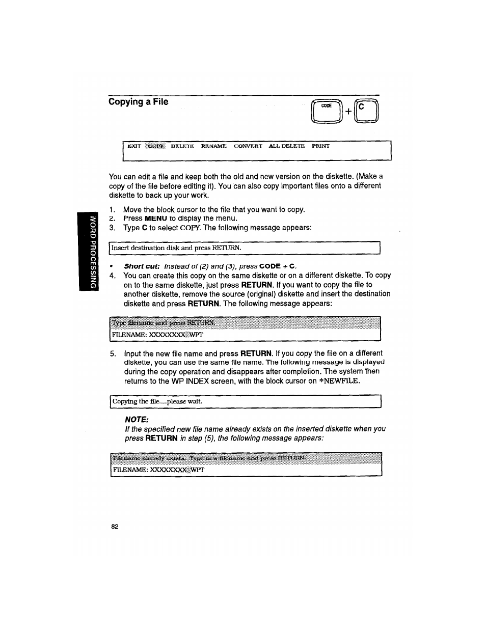 Copying a fite, Note, Copying a file | Brother WP330MDS User Manual | Page 92 / 322