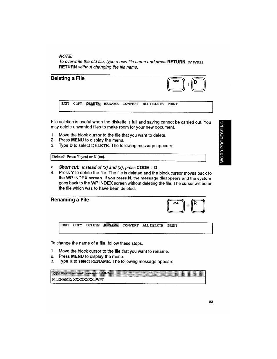 Deleting a file, Renaming a file | Brother WP330MDS User Manual | Page 93 / 322