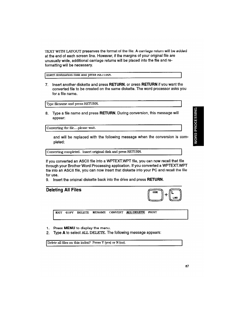 Deleting all files, Uwo j | Brother WP330MDS User Manual | Page 97 / 322