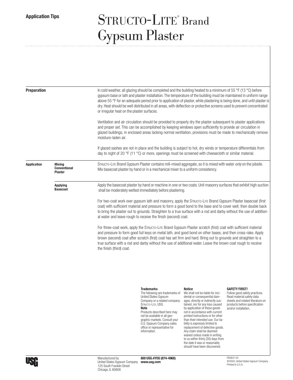 USG STRUCTO-LITE Gypsum Plaster User Manual | 1 page