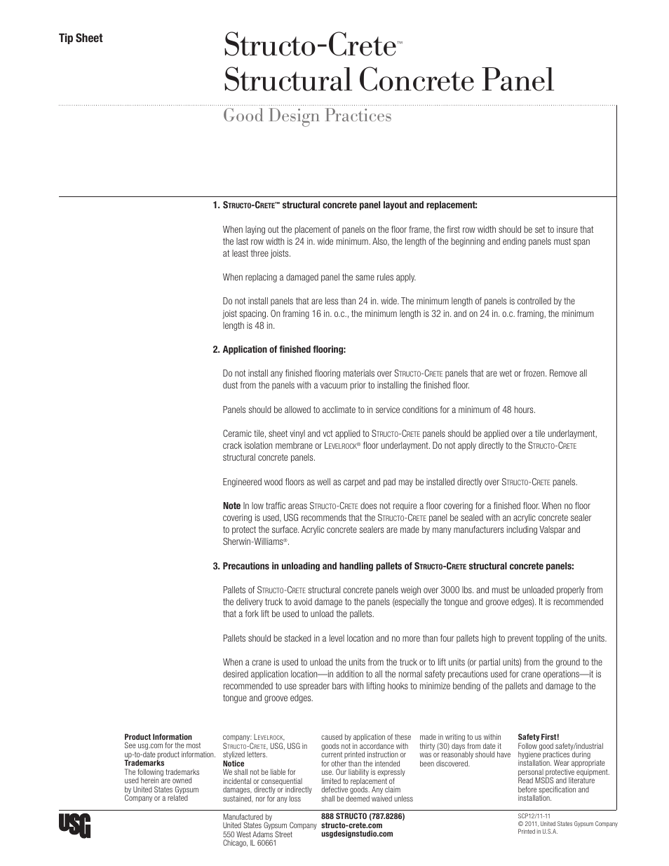 USG Structo-Crete Structural Concrete Panel User Manual | 1 page