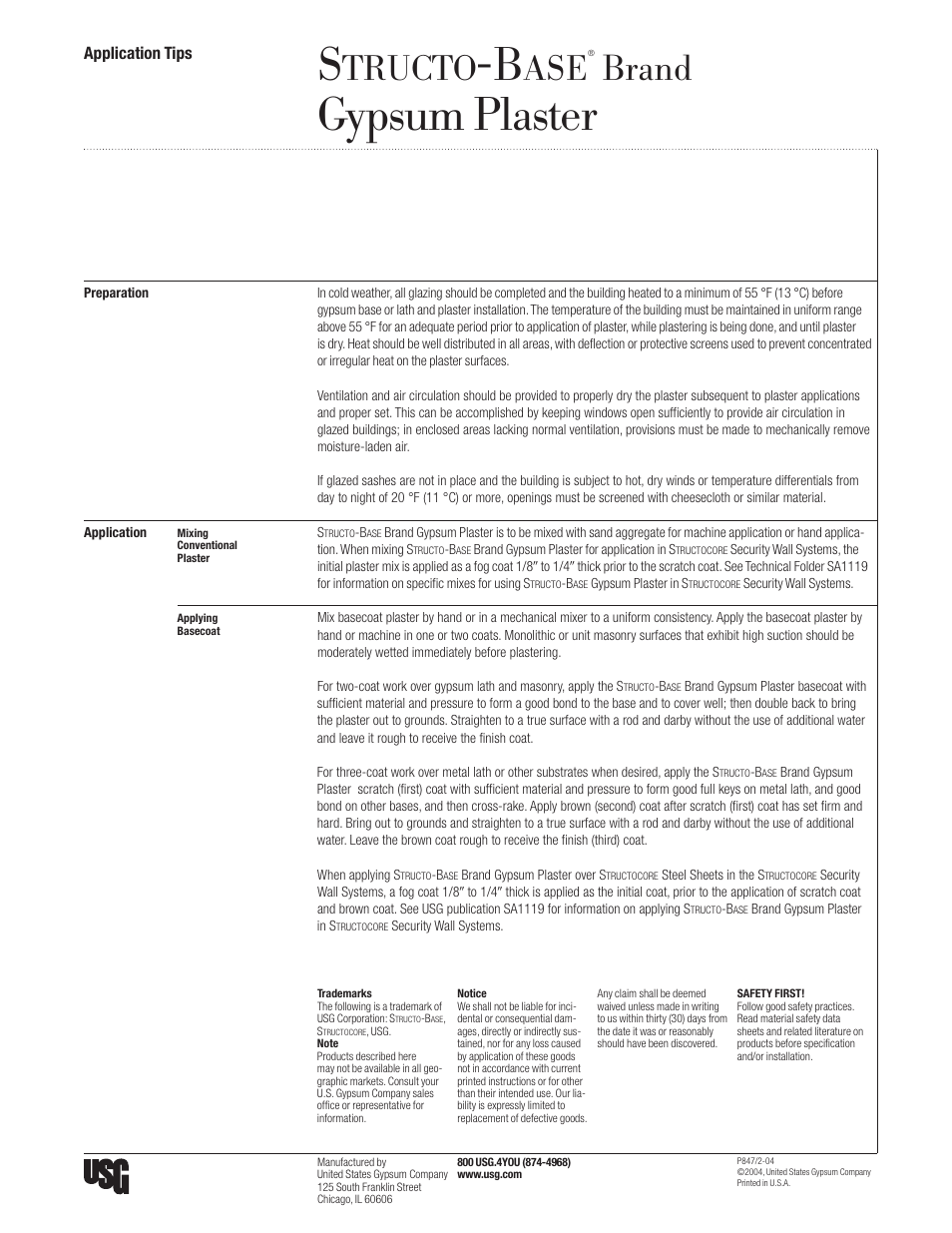 USG STRUCTO-BASE Gypsum Plaster User Manual | 1 page