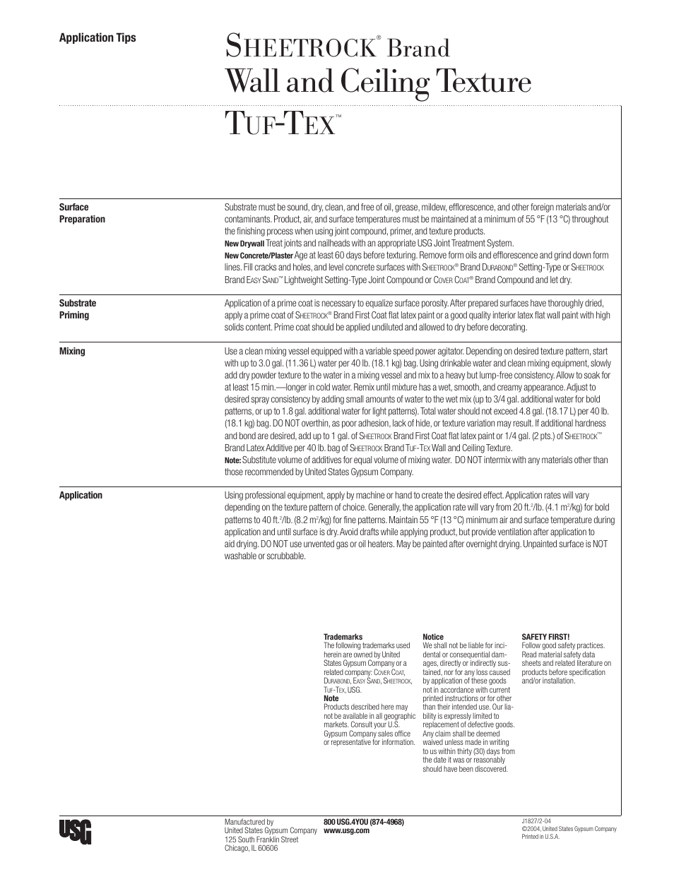 USG SHEETROCK Wall and Ceiling Texture TUF-TEX User Manual | 1 page