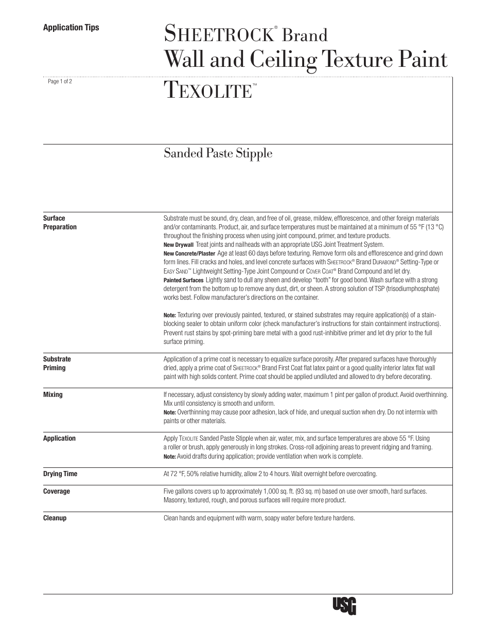 USG SHEETROCK Wall and Ceiling Texture Paint TEXOLITE User Manual | 2 pages