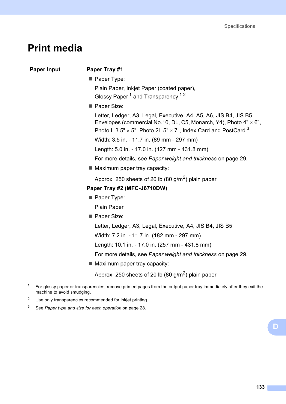 Print media | Brother MFC J6510DW User Manual | Page 147 / 163