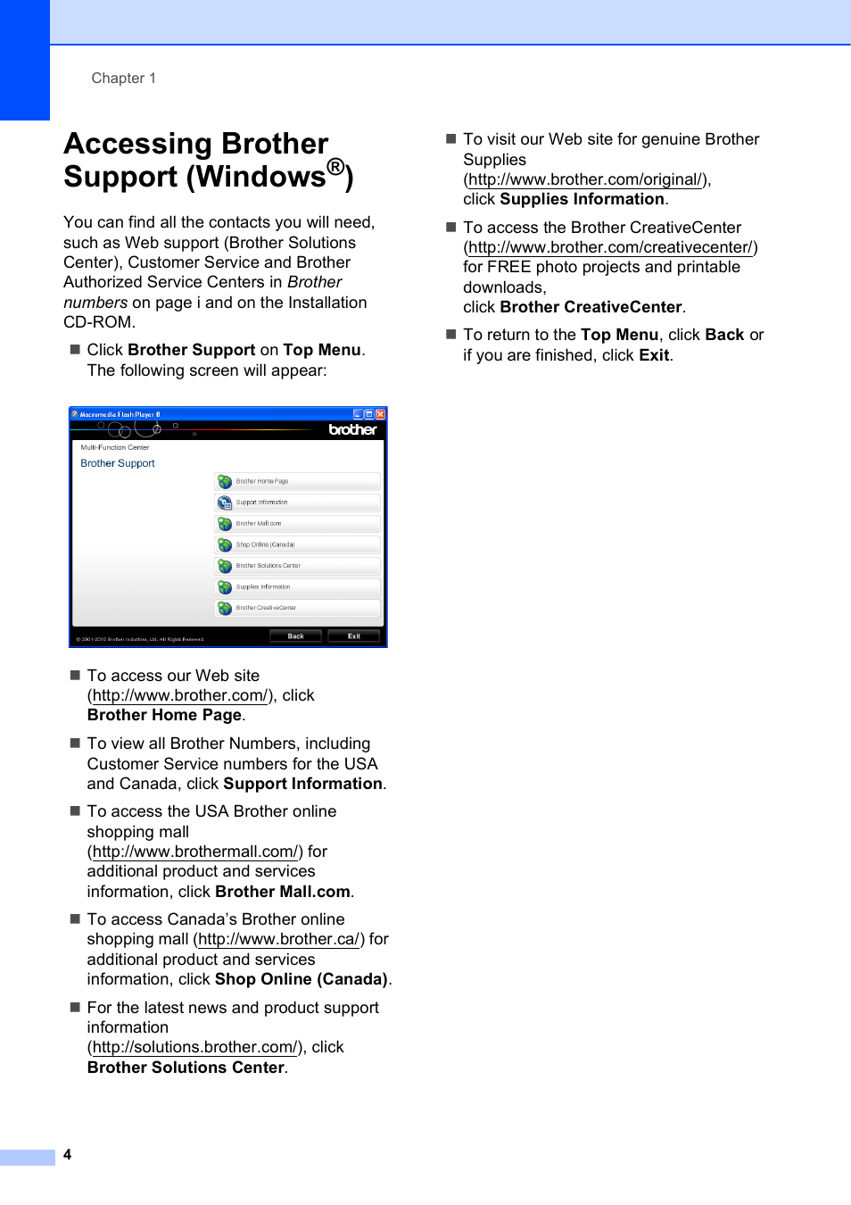 Accessing brother support (windows®), Accessing brother support (windows | Brother MFC J6510DW User Manual | Page 18 / 163