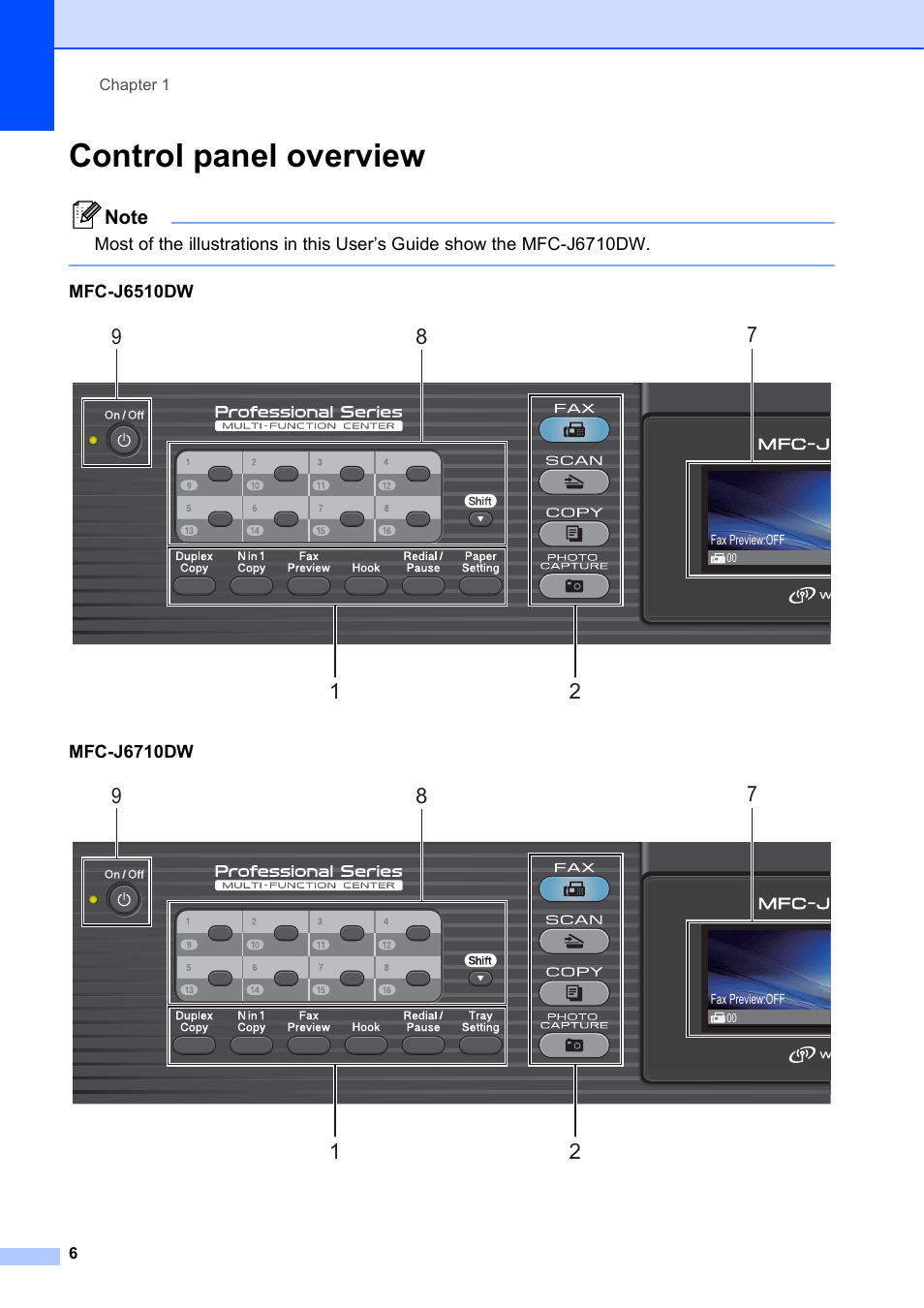 Control panel overview | Brother MFC J6510DW User Manual | Page 20 / 163