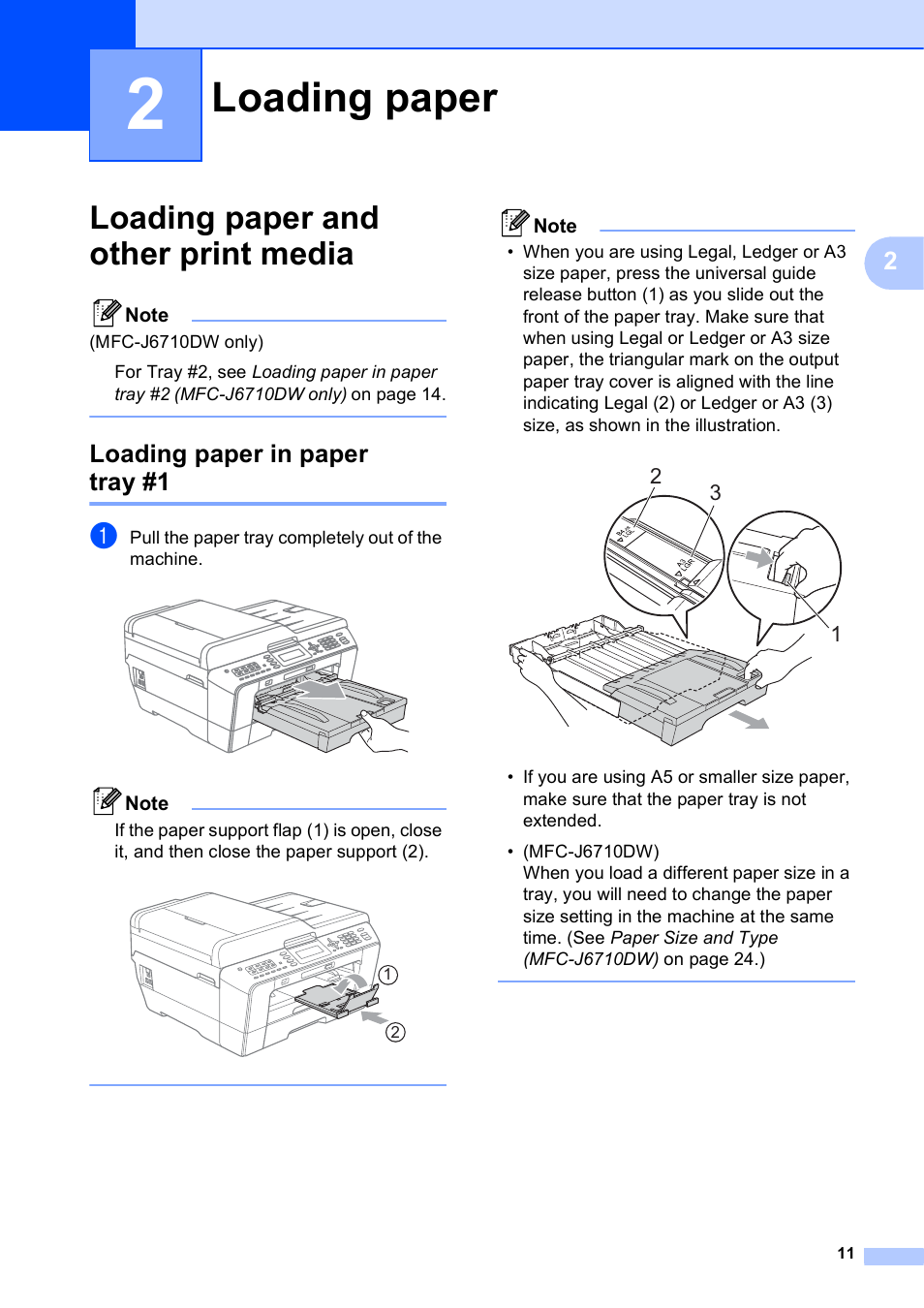 2 loading paper, Loading paper and other print media, Loading paper in paper tray #1 | Loading paper | Brother MFC J6510DW User Manual | Page 25 / 163