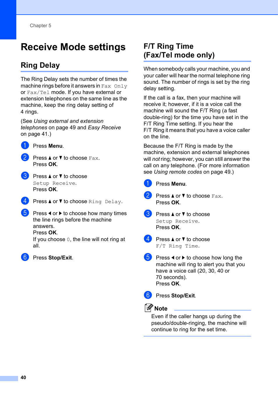 Receive mode settings, Ring delay, F/t ring time (fax/tel mode only) | Ring delay f/t ring time (fax/tel mode only) | Brother MFC J6510DW User Manual | Page 54 / 163