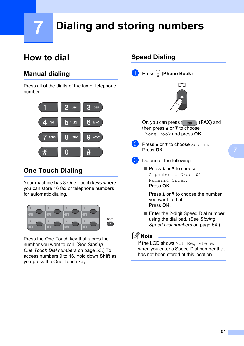 7 dialing and storing numbers, How to dial, Manual dialing | One touch dialing, Speed dialing, Dialing and storing numbers, Manual dialing one touch dialing speed dialing | Brother MFC J6510DW User Manual | Page 65 / 163