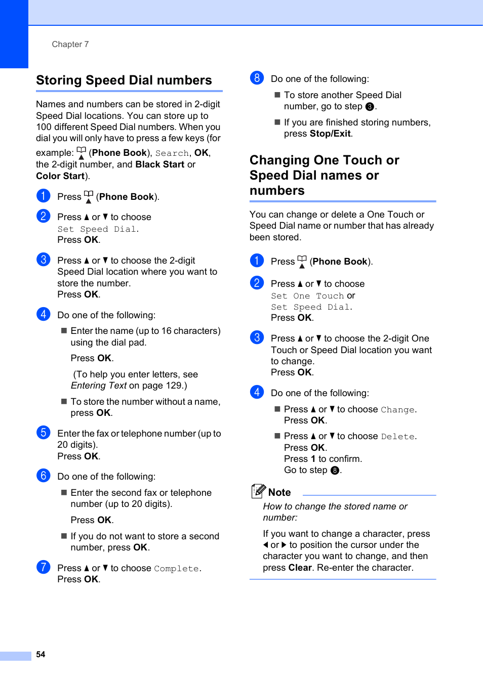 Storing speed dial numbers, Changing one touch or speed dial names or numbers | Brother MFC J6510DW User Manual | Page 68 / 163