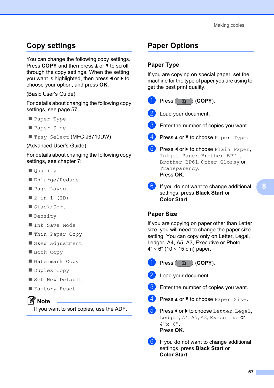 Copy settings, Paper options, Paper type | Paper size, Copy settings paper options, 8copy settings | Brother MFC J6510DW User Manual | Page 71 / 163