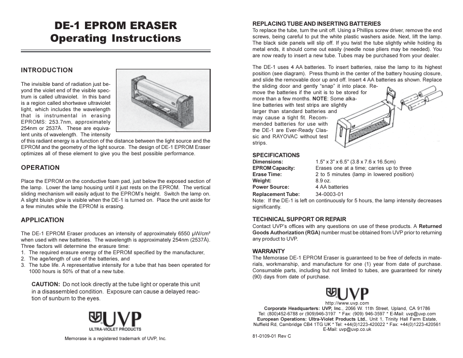 UVP DE-1 User Manual | 1 page