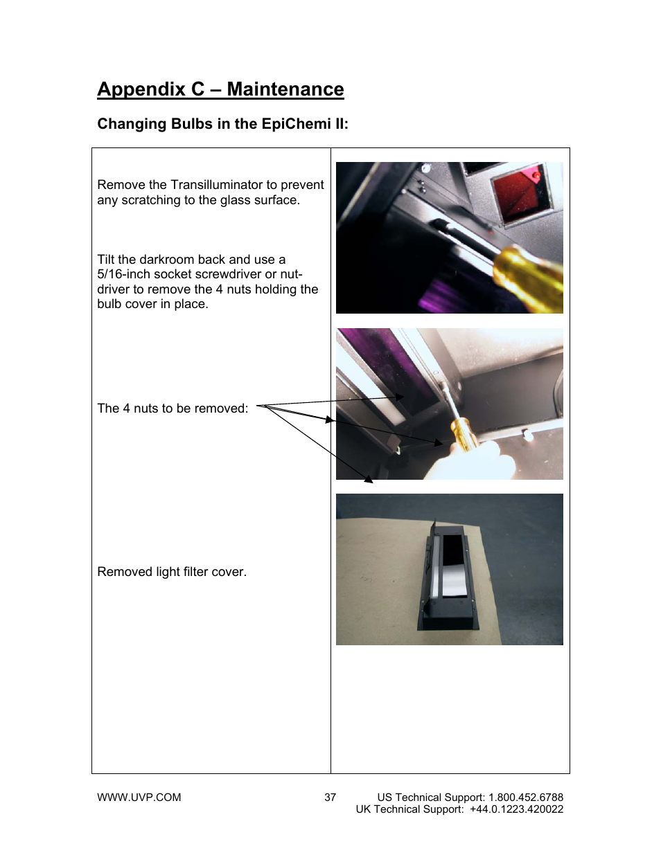 Appendix c – maintenance, Changing bulbs in the epichemi ii | UVP BioChemi System with EpiChemi II Darkroom User Manual | Page 37 / 38