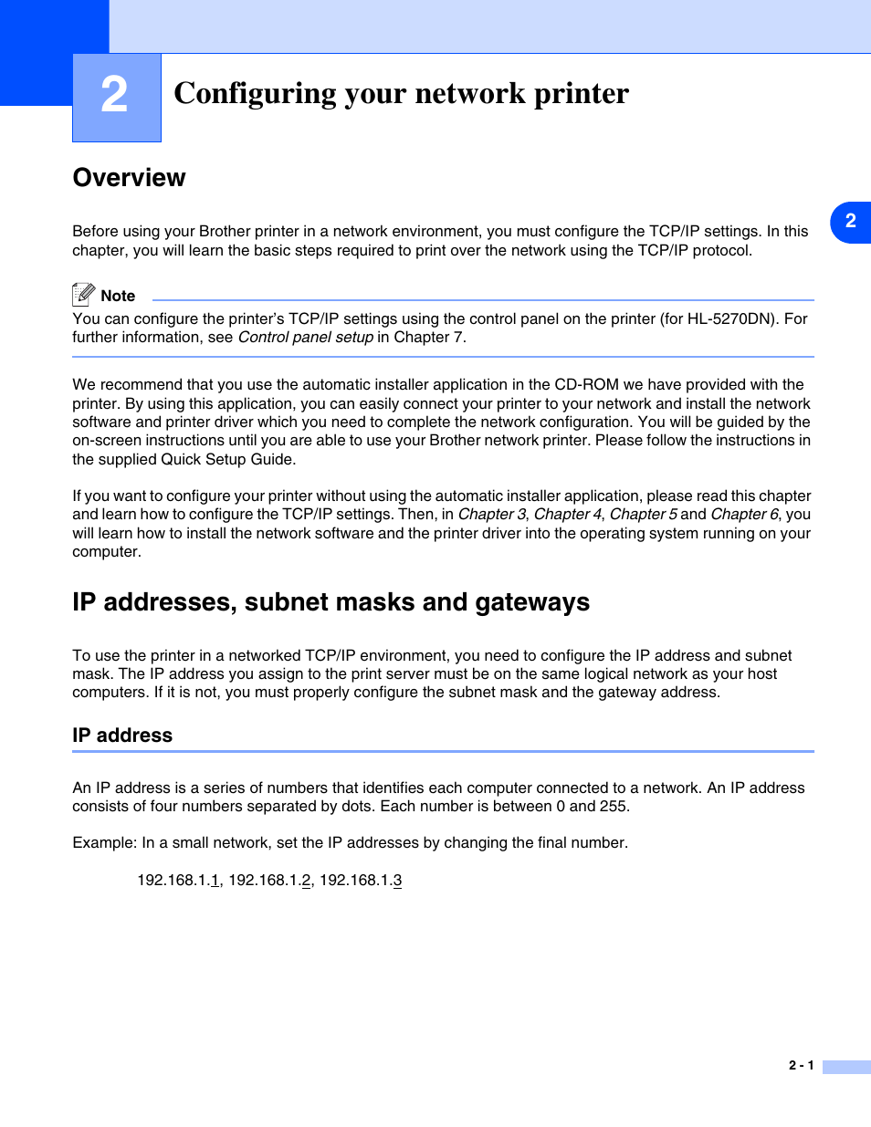 Configuring your network printer, Overview, Ip addresses, subnet masks and gateways | Ip address, Configuring your network printer -1, Ip address -1, Chapter 2 | Brother HL-5270DN User Manual | Page 14 / 68