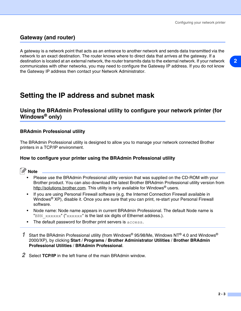 Gateway (and router), Setting the ip address and subnet mask, Bradmin professional utility | Gateway (and router) -3, Setting the ip address and subnet mask -3, 2gateway (and router), Only) | Brother HL-5270DN User Manual | Page 16 / 68