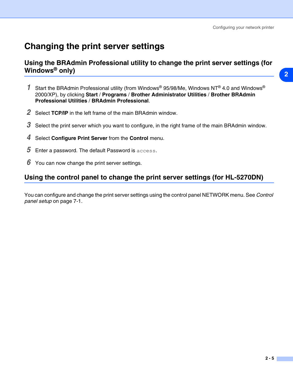 Changing the print server settings, Changing the print server settings -5 | Brother HL-5270DN User Manual | Page 18 / 68