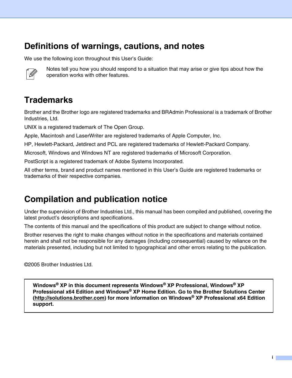 Trademarks, Compilation and publication notice | Brother HL-5270DN User Manual | Page 2 / 68