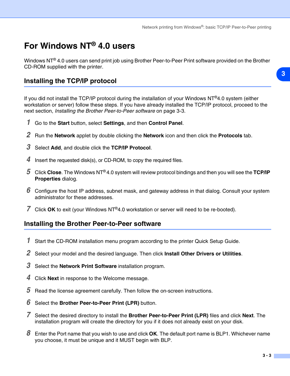 For windows nt® 4.0 users, Installing the tcp/ip protocol, Installing the brother peer-to-peer software | For windows nt, 0 users | Brother HL-5270DN User Manual | Page 22 / 68