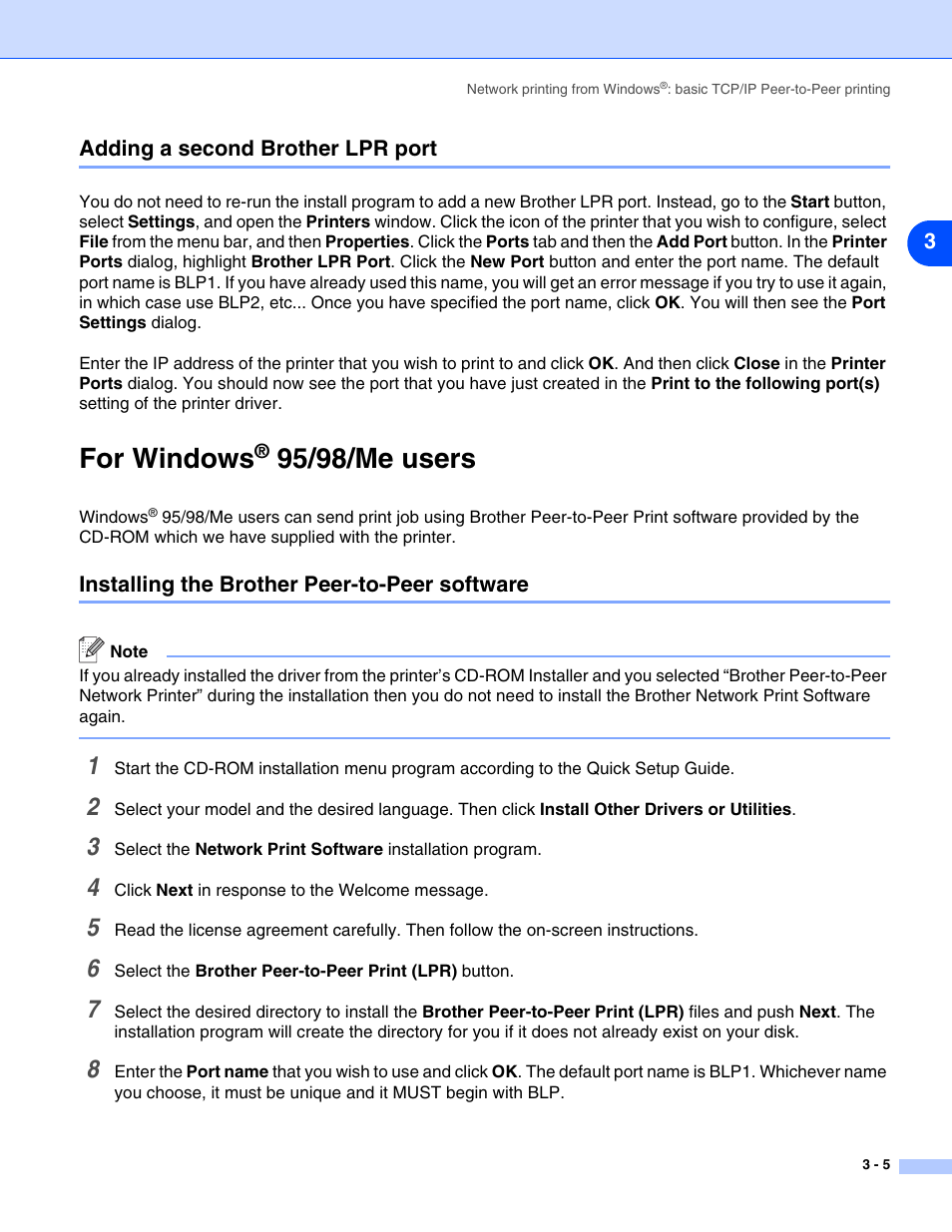 Adding a second brother lpr port, For windows® 95/98/me users, Installing the brother peer-to-peer software | Adding a second brother lpr port -5, For windows, Installing the brother peer-to-peer software -5, 95/98/me users | Brother HL-5270DN User Manual | Page 24 / 68