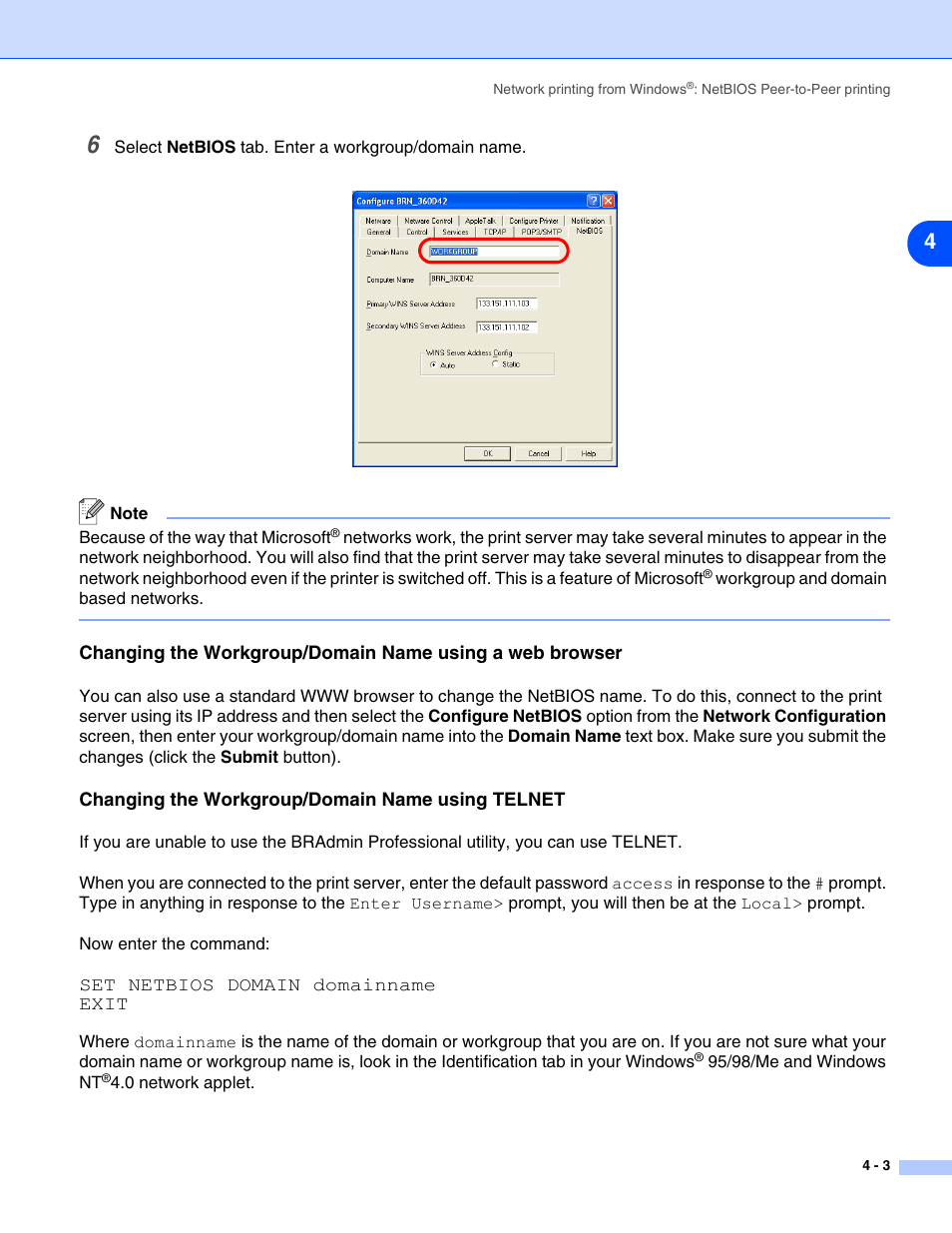 Changing the workgroup/domain name using telnet | Brother HL-5270DN User Manual | Page 29 / 68