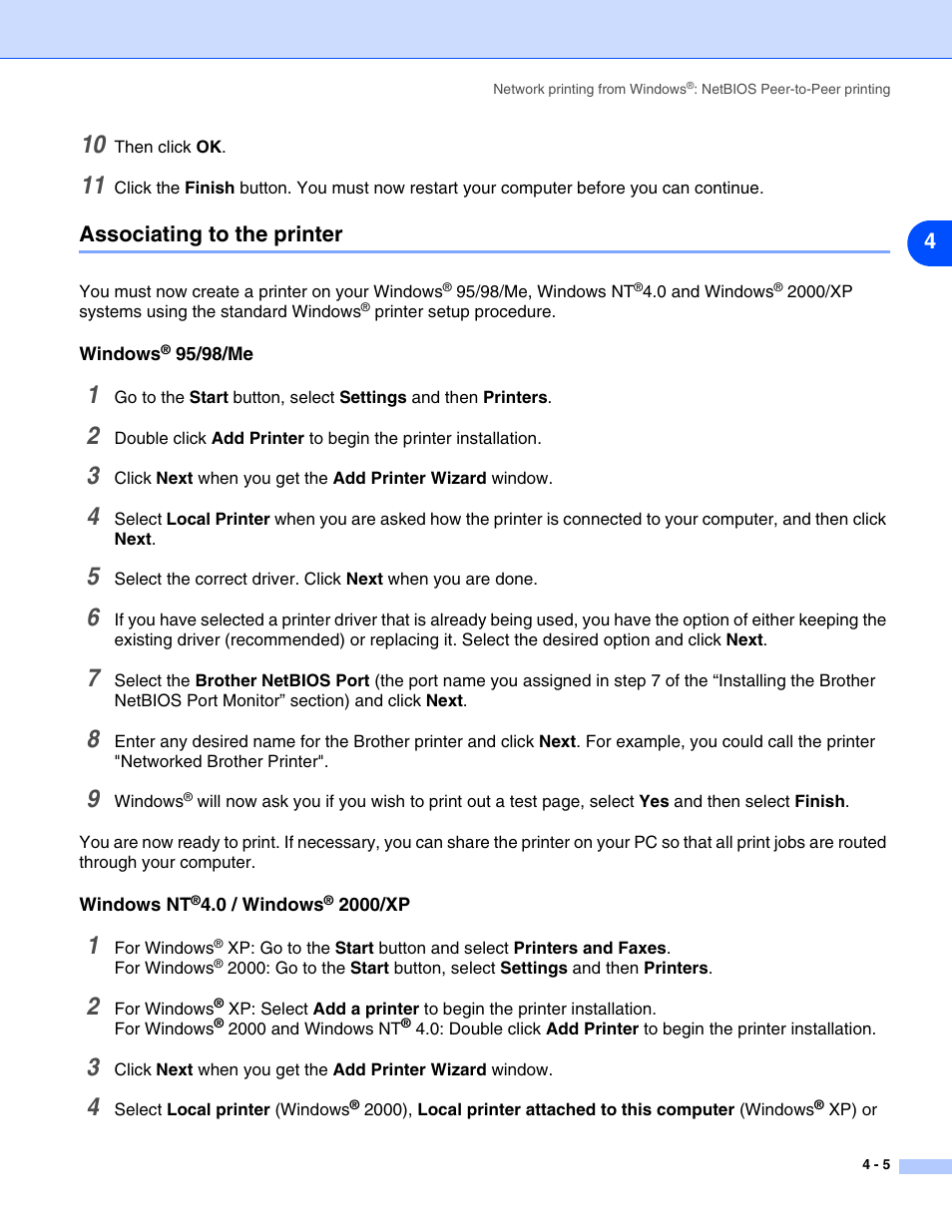 Associating to the printer, Windows® 95/98/me, Windows nt®4.0 / windows® 2000/xp | Associating to the printer -5, Windows, Windows nt | Brother HL-5270DN User Manual | Page 31 / 68