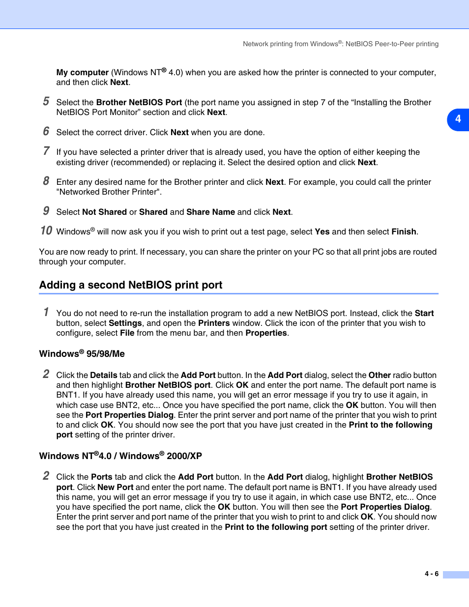 Adding a second netbios print port, Windows® 95/98/me, Windows nt®4.0 / windows® 2000/xp | Adding a second netbios print port -6, Windows, Windows nt | Brother HL-5270DN User Manual | Page 32 / 68