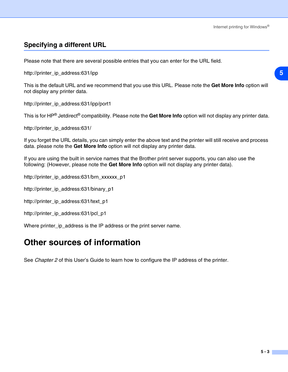 Specifying a different url, Other sources of information, Specifying a different url -3 | Other sources of information -3, 5specifying a different url | Brother HL-5270DN User Manual | Page 36 / 68