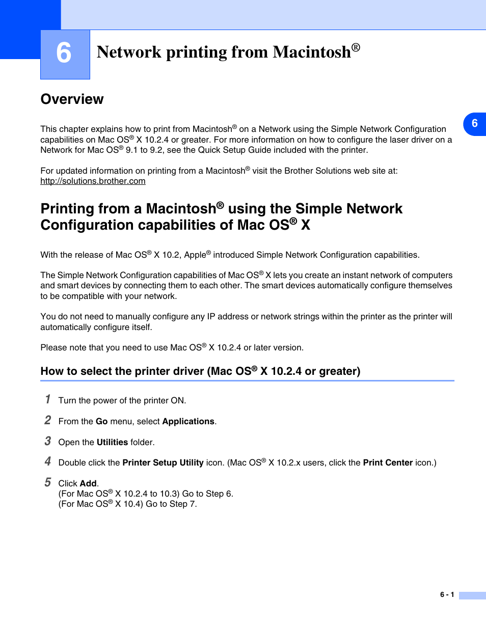 Network printing from macintosh, Overview, Overview -1 printing from a macintosh | How to select the printer driver (mac os, Chapter 6: network printing from macintosh, Chapter 6, Printing from a macintosh | Brother HL-5270DN User Manual | Page 37 / 68