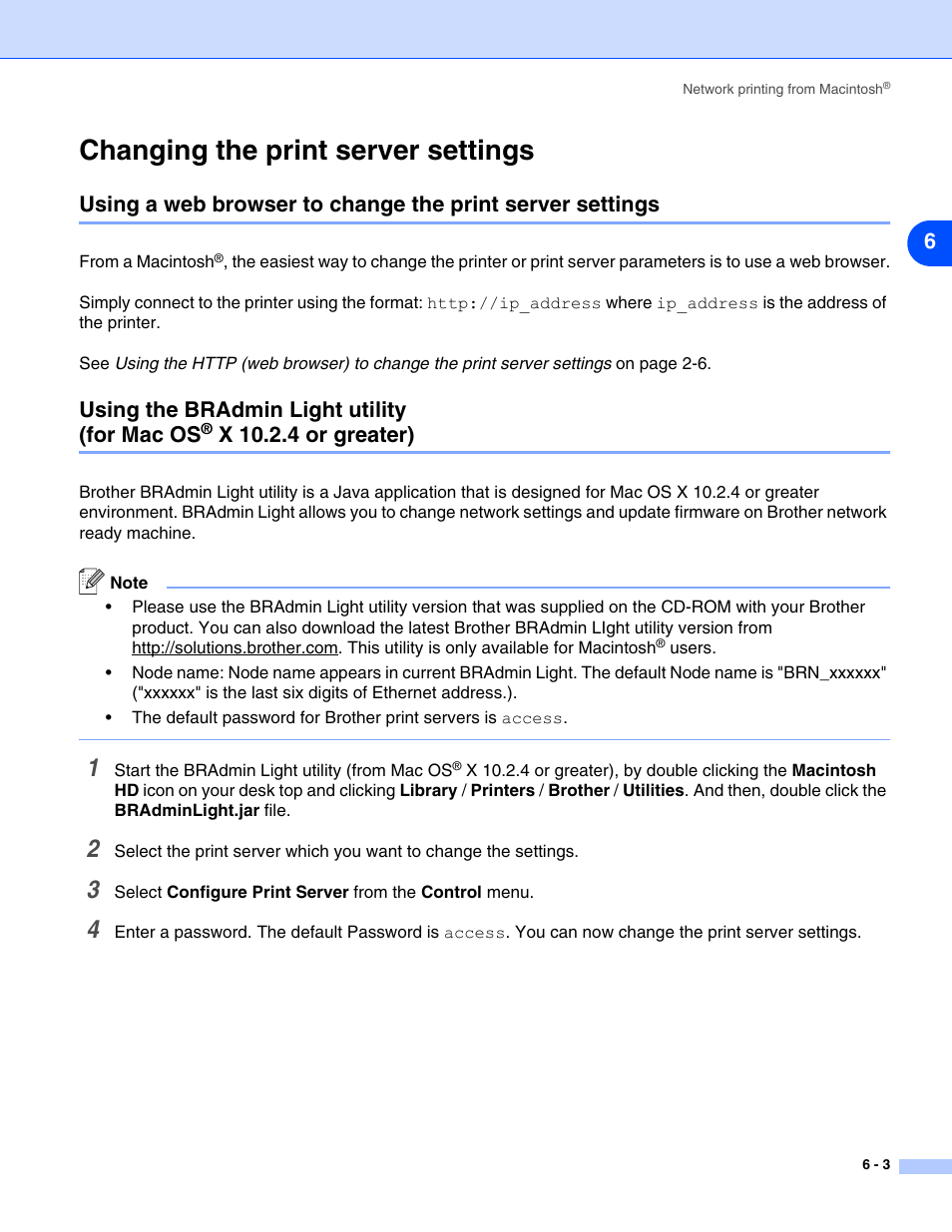 Changing the print server settings, Changing the print server settings -3, Using the bradmin light utility (for mac os | X 10.2.4 or greater) | Brother HL-5270DN User Manual | Page 39 / 68