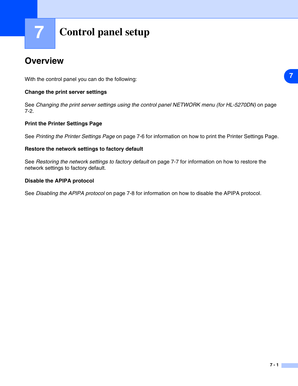 Control panel setup, Overview, Control panel setup -1 | Overview -1, Chapter 7: control panel setup, Rmation, see control panel setup in chapter 7 | Brother HL-5270DN User Manual | Page 41 / 68